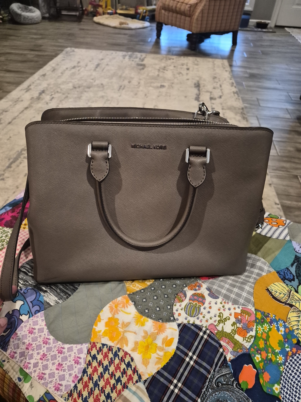 MICHAEL KORS Taupe Leather Saffiano Satchel